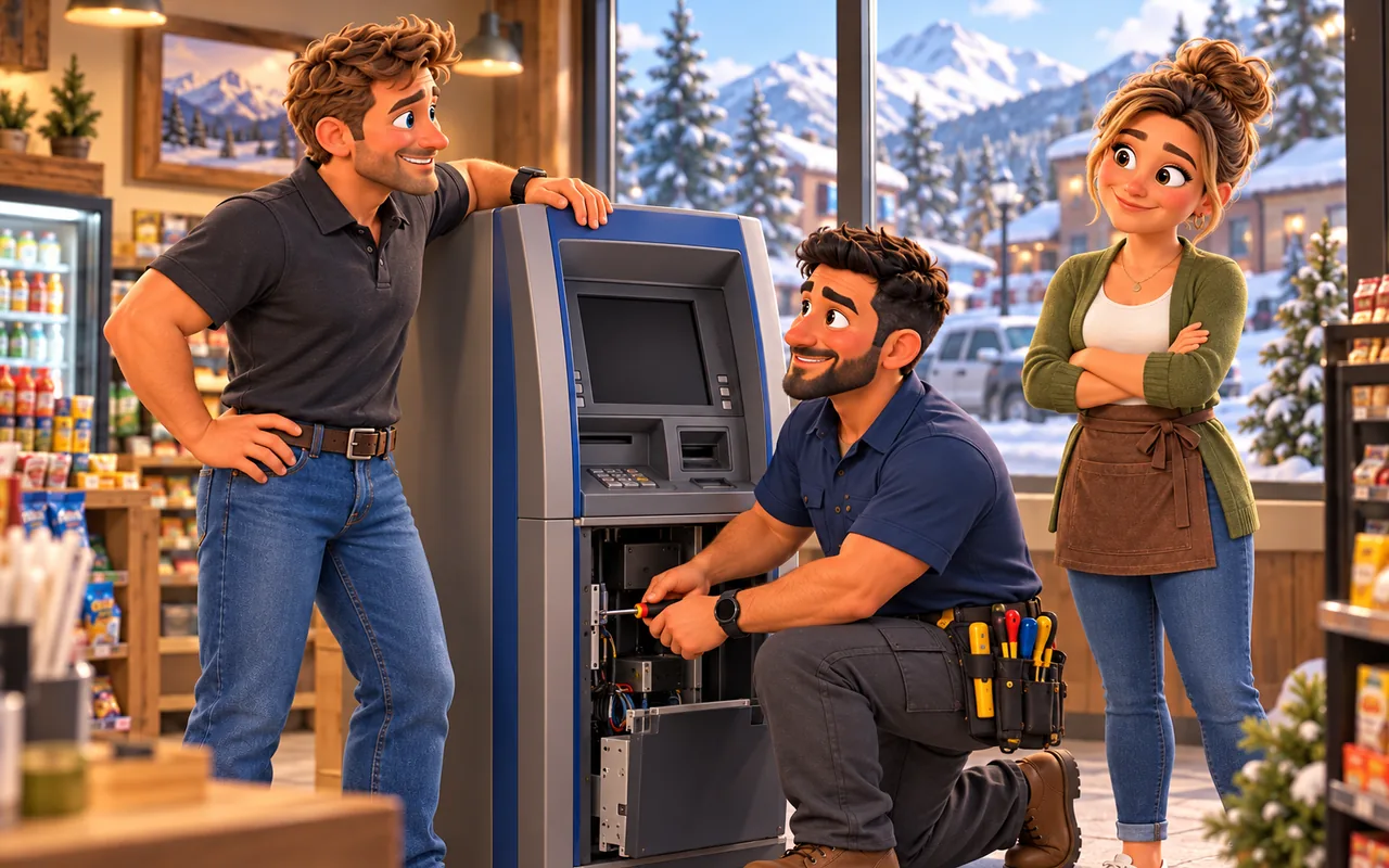 ATM Atlas technician and operator beside an ATM in a shop overlooking a snowy street.