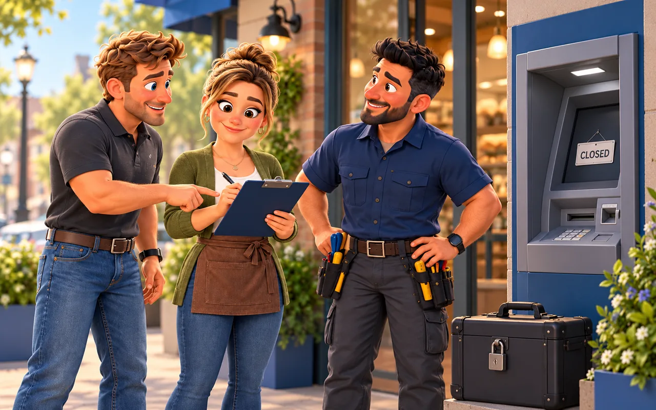 ATM Atlas operator, merchant, and technician reviewing ATM service responsibilities on a clipboard.