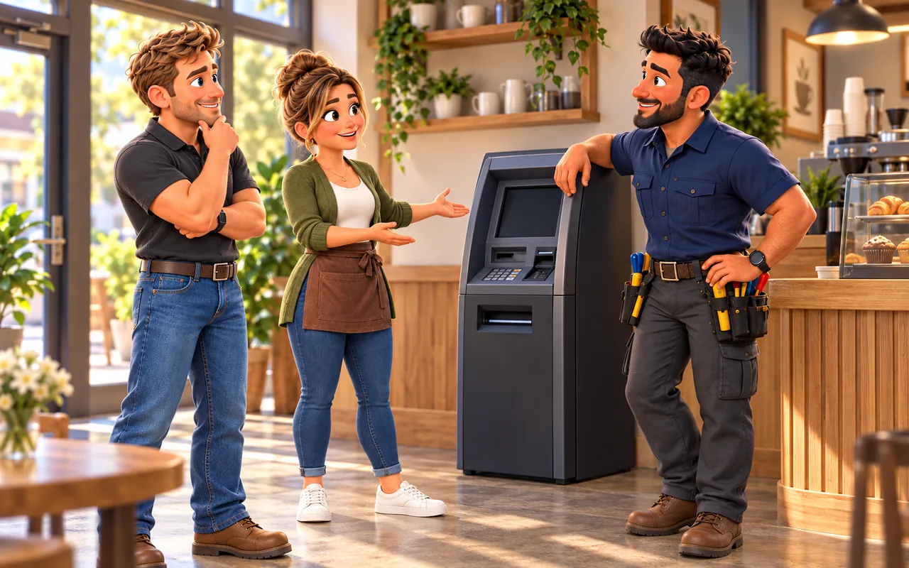 ATM Atlas operator and merchant discussing an ATM location beside a cafe counter.