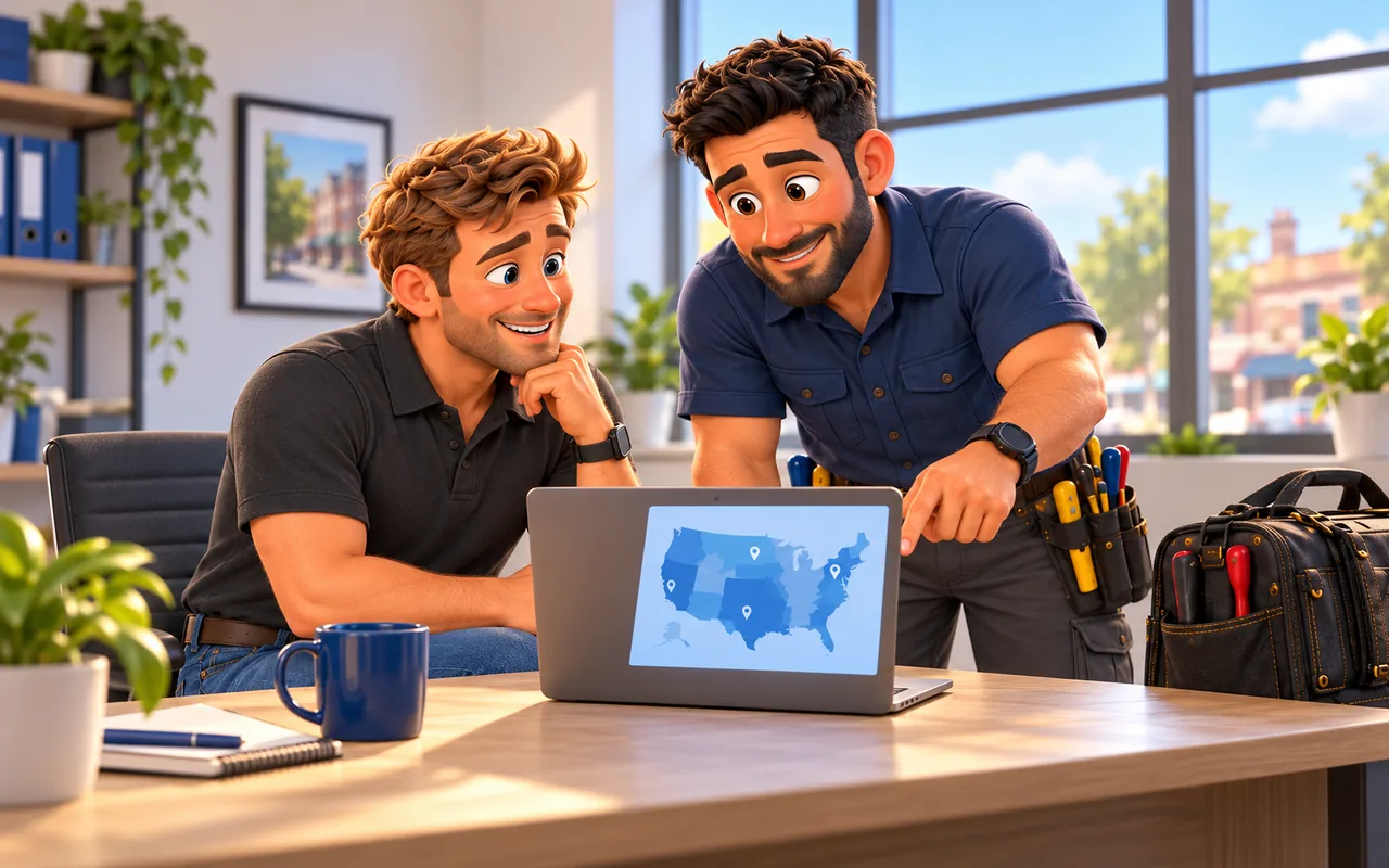 ATM Atlas operator and technician reviewing an unlabelled service coverage map on a laptop.