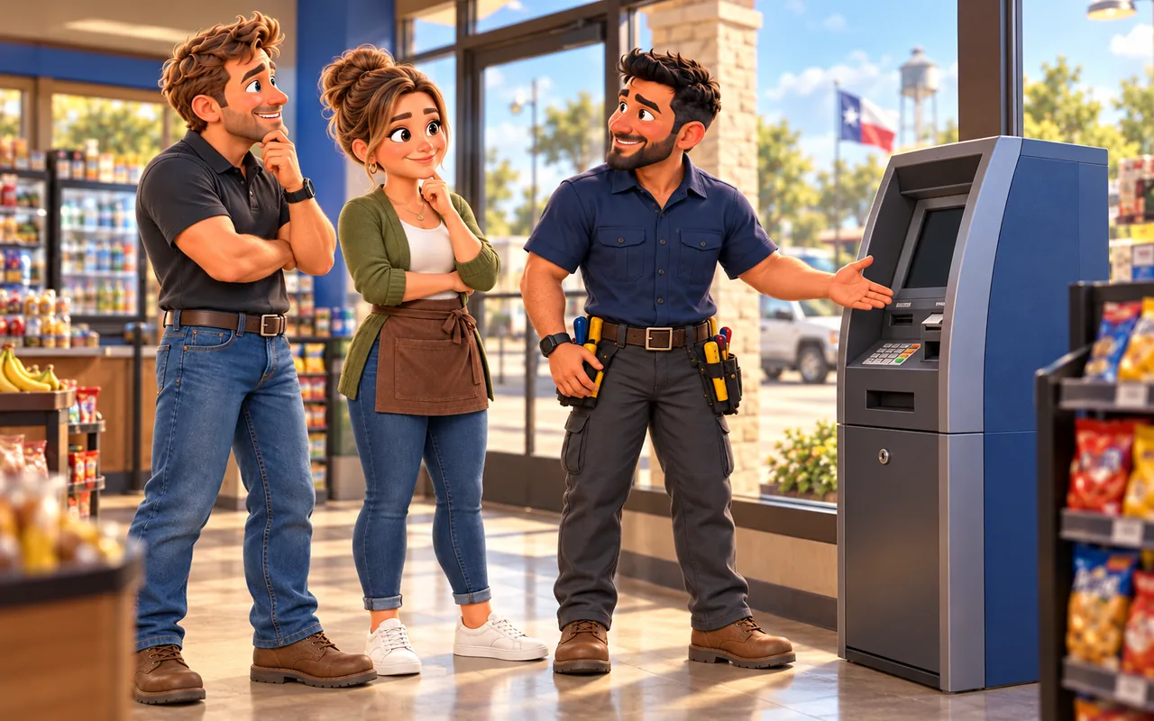 ATM Atlas technician and operator reviewing a retail ATM installation in a convenience store.