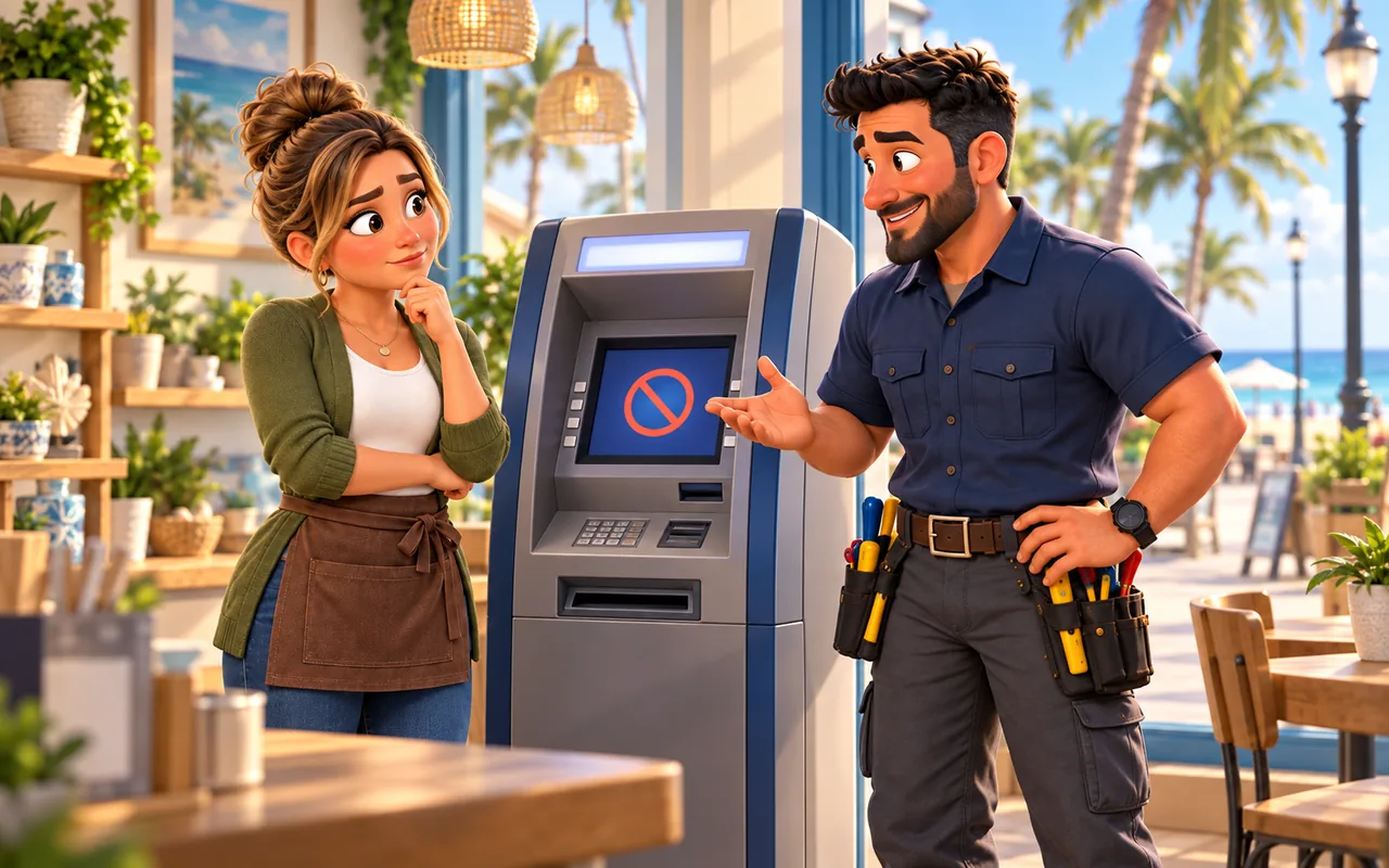 ATM Atlas merchant and technician discussing a retail ATM in a sunny coastal shop.