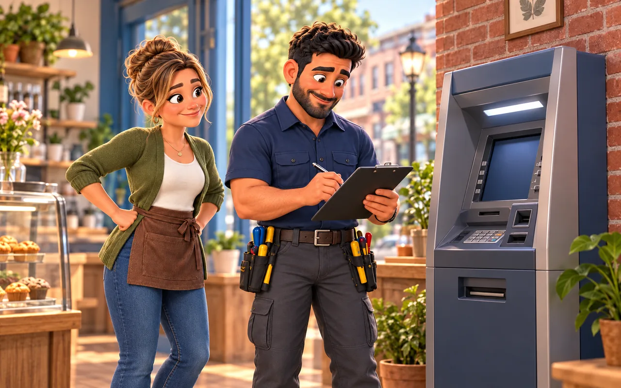 ATM Atlas technician and merchant reviewing an ATM inspection checklist in a brick-walled shop.