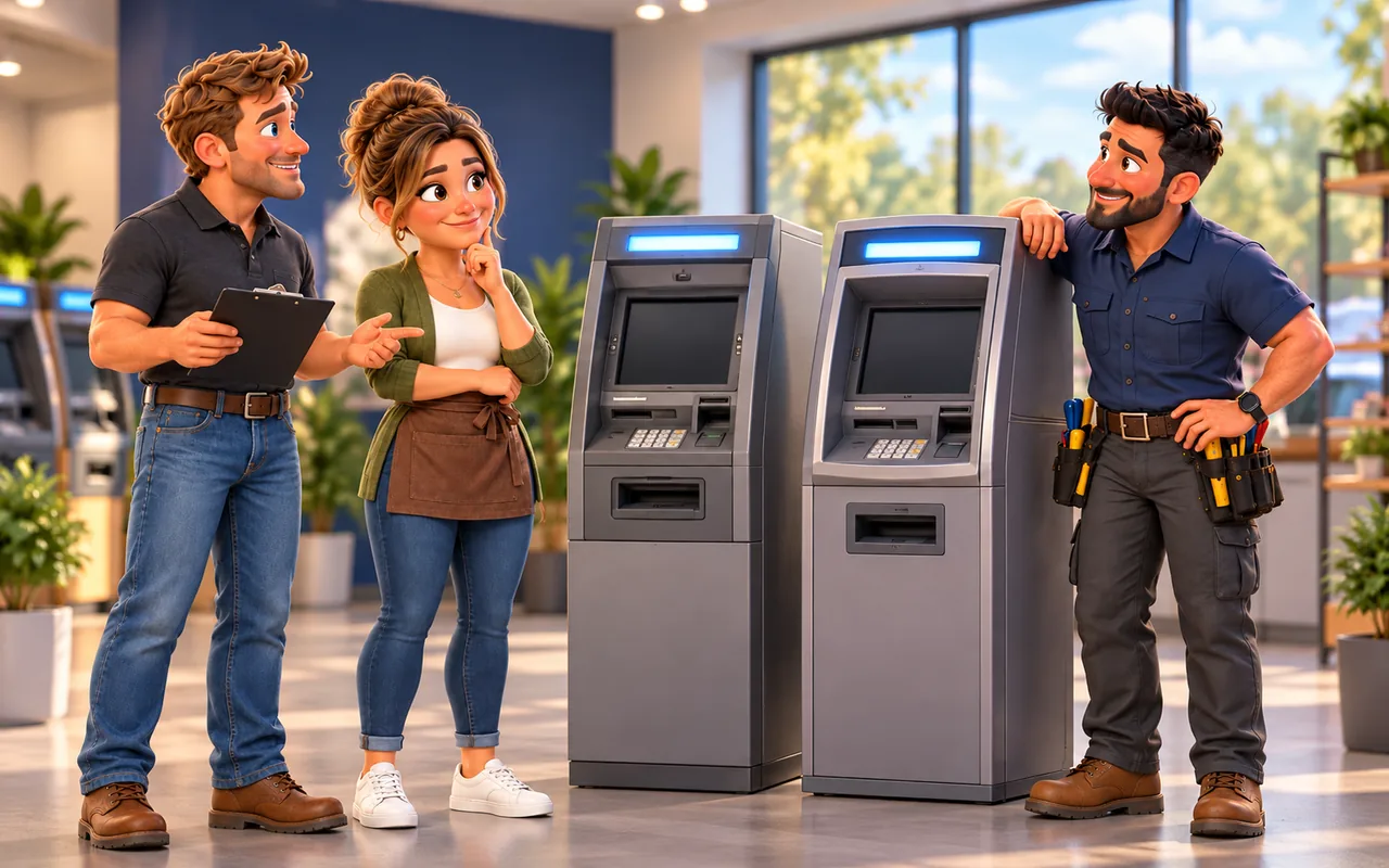 ATM Atlas operator and merchant comparing retail ATM equipment in a showroom.