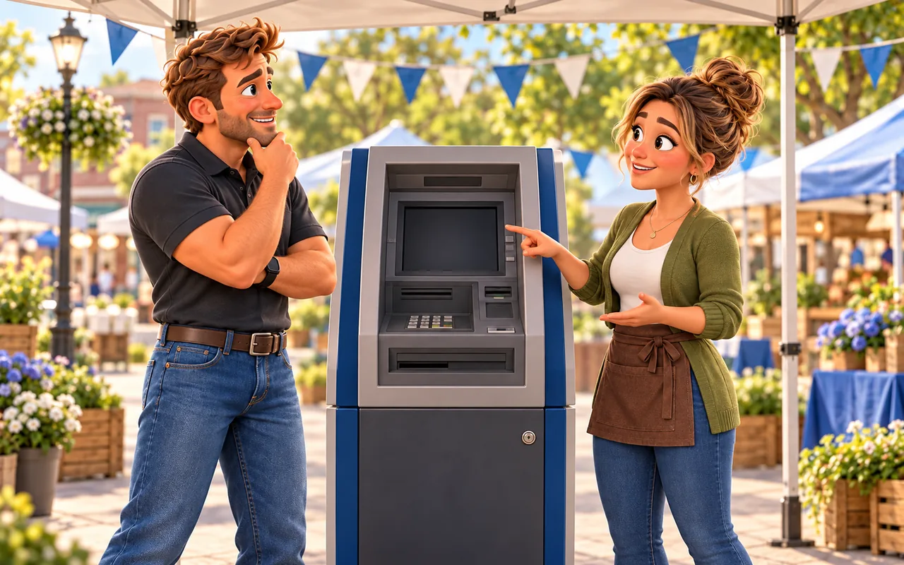 ATM Atlas operator and merchant planning an ATM setup at a sheltered outdoor festival booth.