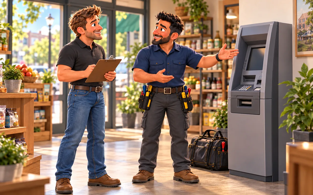 ATM Atlas technician explaining a retail ATM service assessment to an operator in a neighborhood shop.