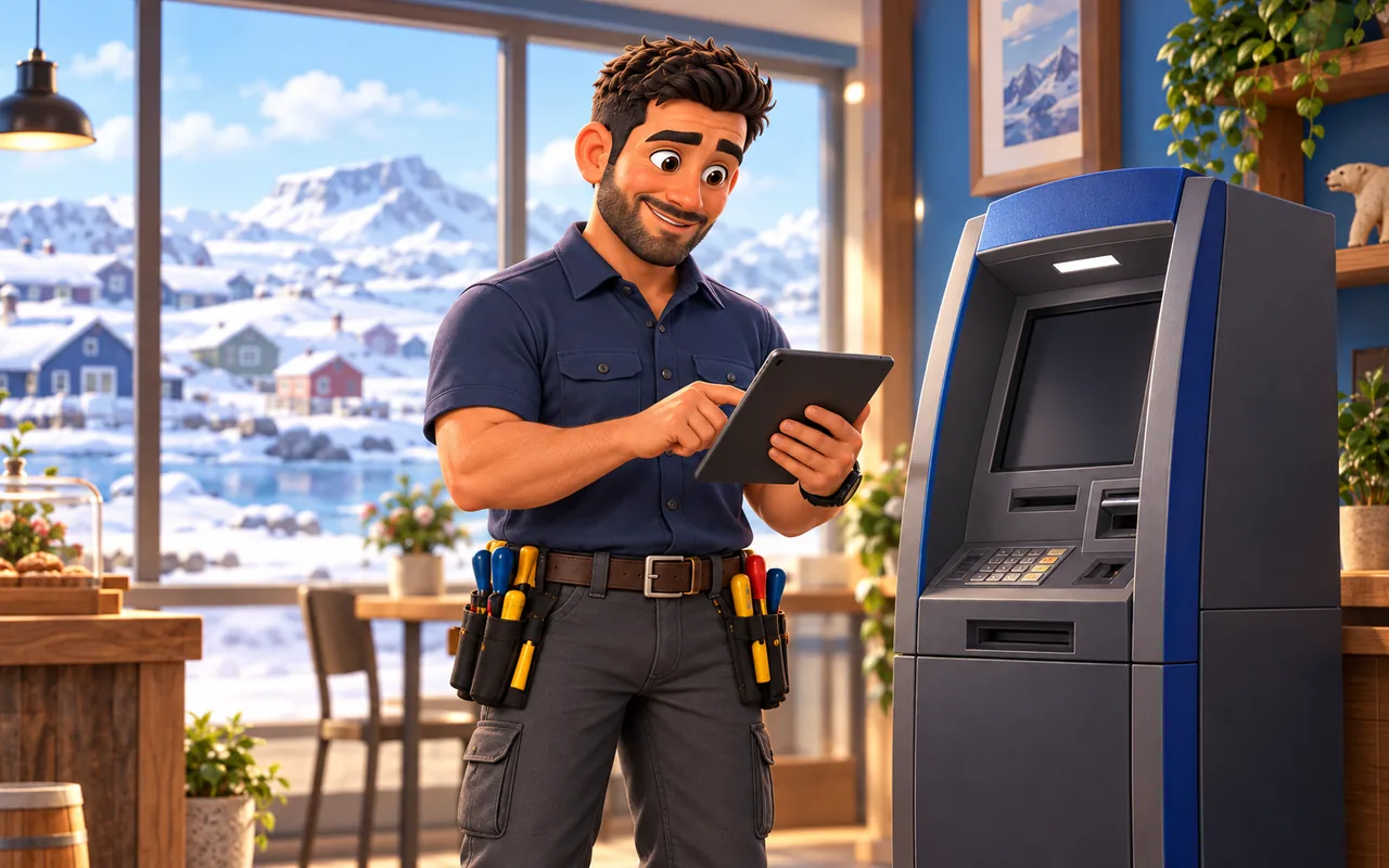 ATM Atlas technician coordinating ATM support on a tablet beside a window overlooking a snowy community.