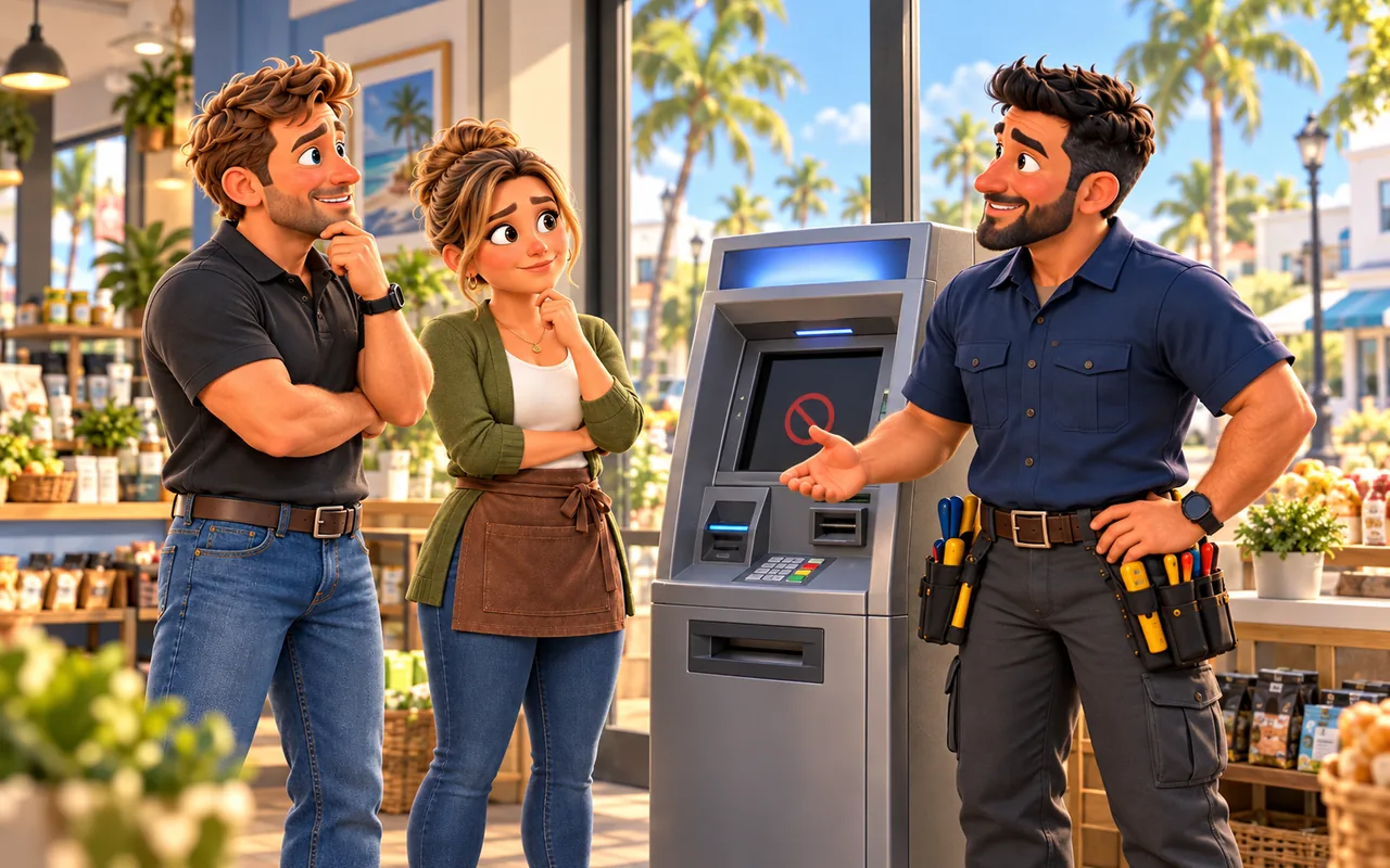 ATM Atlas merchant and operator discussing ATM placement in a shop with palm trees outside.