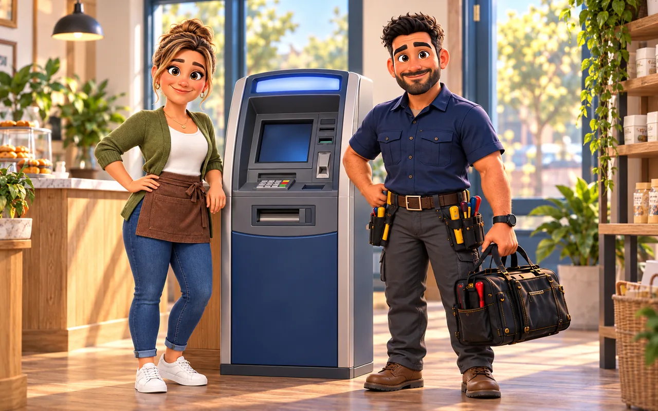 ATM Atlas technician with a tool case beside a retail ATM in a neighborhood shop.